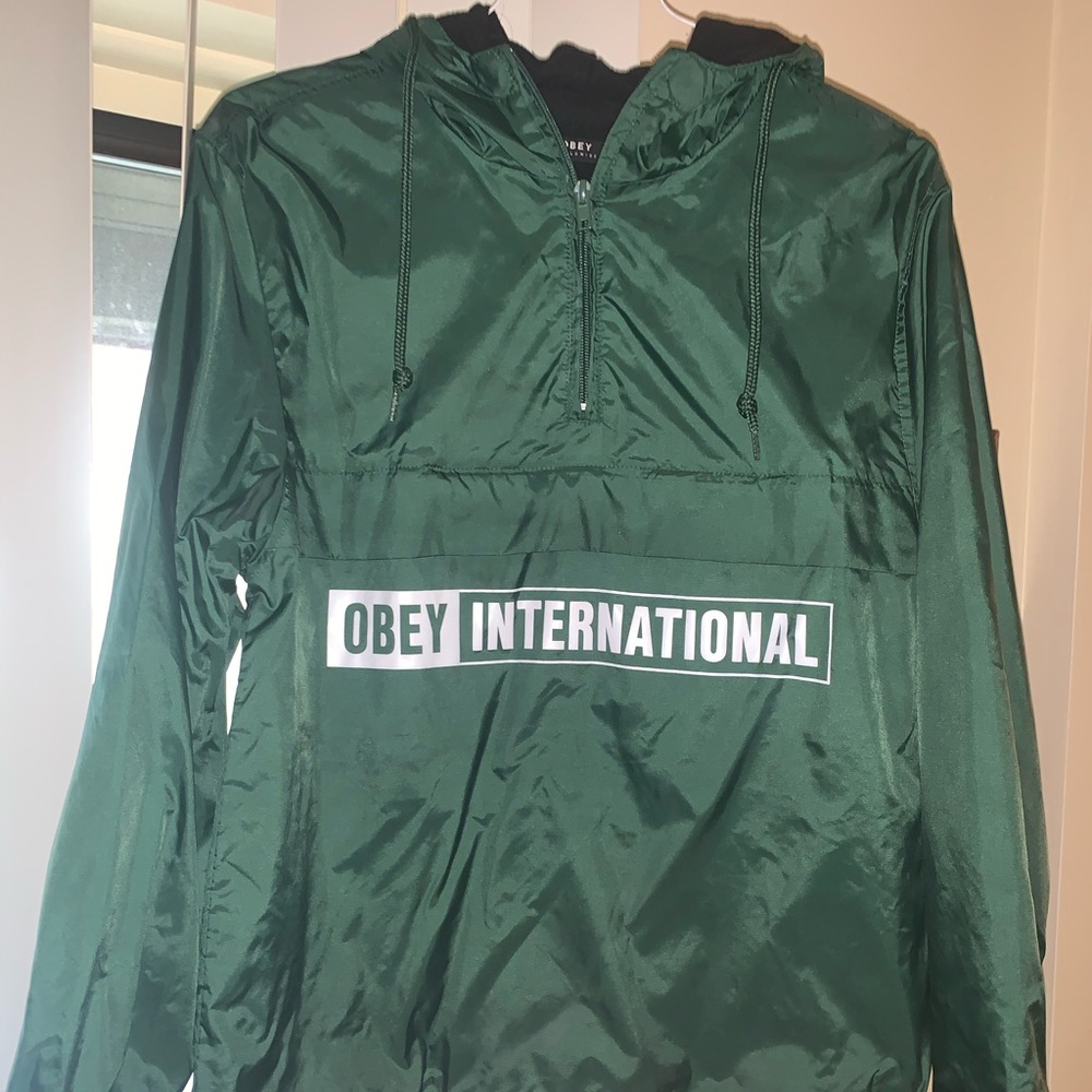 OBEY international hunter green fleece lined quarter zip wind breaker